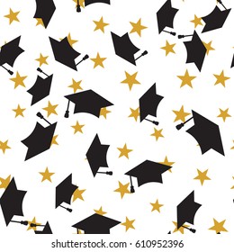 Graduate black hat seamless pattern with golden stars, graduation caps thrown in the air, square academic cap, mortarboard for college, university students, education concept, white background