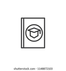 Graduate book outline icon. linear style sign for mobile concept and web design. Book with graduation hat simple line vector icon. Symbol, logo illustration. Pixel perfect vector graphics