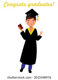 Graduado estudiante vectorial de personaje masculino con toga negra y gorra en la ceremonia de graduación de la universidad usa alegre persona feliz hombre 