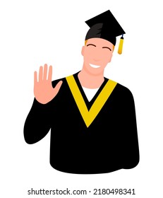 Graduate-Jungen-Charakter, Vektorschüler in schwarzem Gewand und Mütze, universitäre Bildungskonzept, Abschlusszeremonie Verschleiß, fröhliche glückliche Person einzeln auf weißem Hintergrund. 