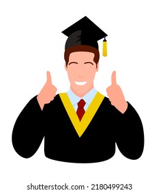 Graduate boy character, vector student in black robe and cap, university education concept, graduation ceremony wear, cheerful happy person isolated on white background. 
