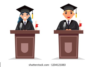 Graduate boy and girl tribune solemn speech character flat design vector illustration