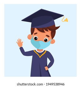 Graduate boy in medical mask, academic cap and mantle celebrating graduation online from home due to coronavirus isolation lockdown. Vector illustration in cartoon style
