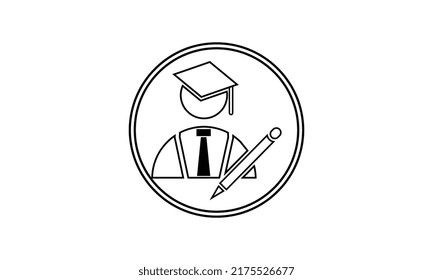Graduar niño con gorra cuadrada o sombrero con icono vectorial de tacón. Hombre con sombrero de mortero y vestido académico de graduación

