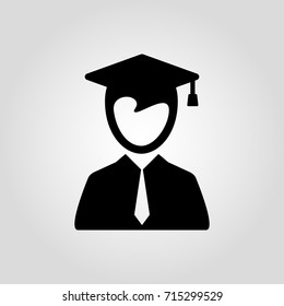 Graduate boy in square cap or hat with tassel vector icon. Male in mortar hat, tie and graduation academic gown