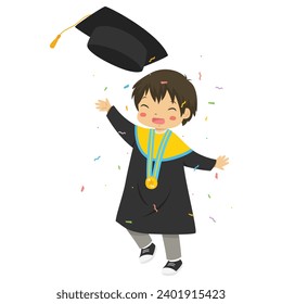 Graduate boy student character vector. Happy little boy graduate wearing graduation hat and gown, jumping and throwing hat.