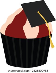 Graduate Cake Vector Icon Illustration. Black, Cream, Red, Academic Hat