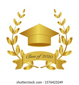 Graduate cap 2020. Gold award depicting a laurel wreath and graduation cap. use on diplomas, certificates and grades for students.