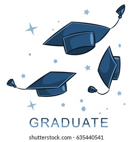 Graduate cap in the air. Vector cartoon illustration of hats in different positions isolated on white background.