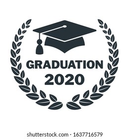 Graduate Cap Black Logo With Laurel Wreath, Branch. University Mortarboard. Badge For Banner, Poster Or Flyer. Graduation Party. Congratulation With Scientific Degree, Academic Title. Flat Vector.