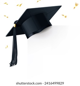 Graduate cap with blank diploma and golden confetti on white background