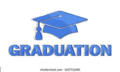 Graduate cap blue halftone logo. University mortarboard. Badge for banner, poster or flyer for Graduation party. Congratulation with Scientific degree, academic title. Trendy flat vector style.