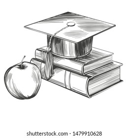 graduate cap and books, education vintage set hand drawn vector illustration realistic sketch