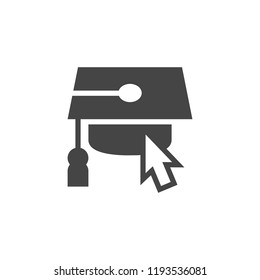 Graduate cap and computer mouse over. Flat icon symbolizing click on learning conceptual button. Label for universities, schools, academies and other educational sites and mobile applications. Vector
