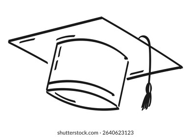 Graduate cap. Contour, abstract drawing by hand, doodle. Black on white background, vector.