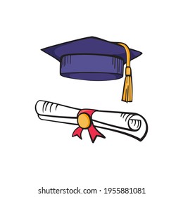 Graduate cap and diploma. Colorful cartoon hand vector icons isolated on white background.