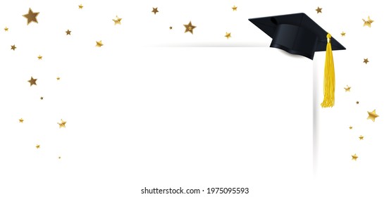 graduate cap and diploma with confetti of gold stars on a white background  
