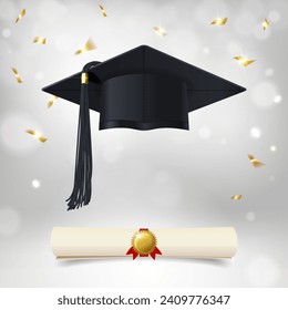 graduate cap with diploma and congratulatory golden confetti on a light background