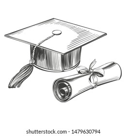 graduate cap and diploma, education vintage set hand drawn vector illustration realistic sketch