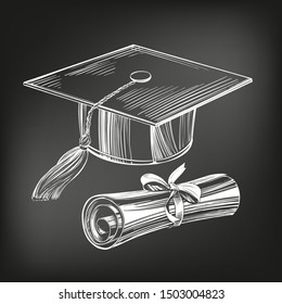 graduate cap and diploma, education vintage setIce cream set hand drawn vector illustration sketch, drawn in chalk on a black Board