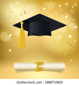 graduate cap and diploma with falling golden confetti on gold background