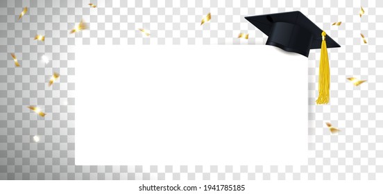 graduate cap and diploma with falling golden confetti on transparent background