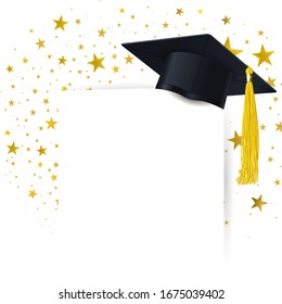 graduate cap with  diploma on a background of a whirlwind of gold stars