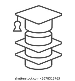 Graduate cap and disks thin line icon, osint analytics concept. Vector graphics. Student hat and discs of data layers, study sign on white background, outline style icon for mobile or web design