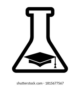 Graduate cap and flask, black on white background, sign for design, vector illustration