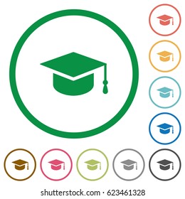 Graduate cap flat color icons in round outlines on white background