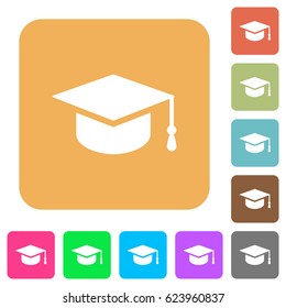 Graduate cap flat icons on rounded square vivid color backgrounds.