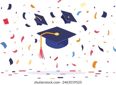 Graduate cap flying in air with confetti, graduation celebration isolated illustration. Flat cartoon style vector.