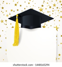 graduate cap with a gold tassel and diploma on the background of gold stars