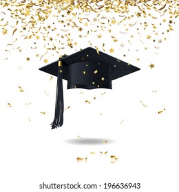 graduate cap and golden confetti