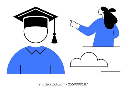 Graduate cap and gown, instructor pointing, and cloud symbol. Ideal for education, e-learning, graduation, online courses, and academic success. Simple and modern style