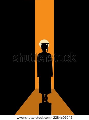 A graduate in cap and gown is seen in an open doorway about to step out into the sunny life that awaits outside in a vector illustration.