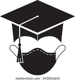 Graduate cap. Graduation and coronavirus. Virus mask. Completion of university studies. Vector icon isolated on white background.