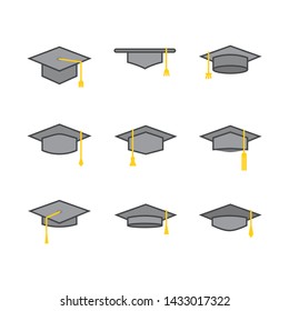 Graduate cap hat icon,sign,pictogram,symbol  black set isolated on a white  background  thin line or outline  style