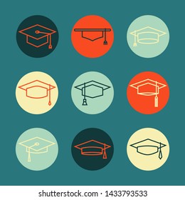 Graduate cap hat icon,sign,pictogram,symbol  color  set isolated on a dark blue   background  thin line or outline  style