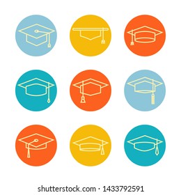 Graduate cap hat icon,sign,pictogram,symbol   set isolated on a white  background and circle  thin line or outline  style