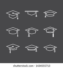 Graduate cap hat icon,sign,pictogram,symbol  white set isolated on a brown   background  thin line or outline  style