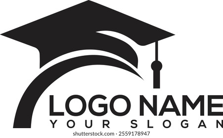 Graduate cap hat with tassel, student academic cap minimalist degree logo with convocation cap in black.Silhouette vector