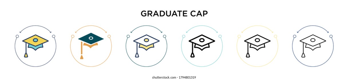 Graduate cap icon in filled, thin line, outline and stroke style. Vector illustration of two colored and black graduate cap vector icons designs can be used for mobile, ui, web