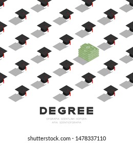 Graduate cap or mortarboard with banknote pile 3D isometric pattern, Importance of education or money concept poster and banner square design illustration isolated on white background, vector