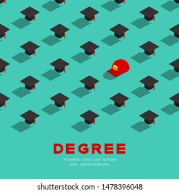 Graduate cap or mortarboard with Part-time job staff cap 3D isometric pattern, Importance of education concept poster and banner square design illustration isolated on green background, vector