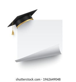 Graduate cap on blank banner with curled edge. Academy degree and graduation hat with white paper or sticker, vector illustration. Academic education and achievement symbol and award icon.