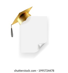 Graduate cap on blank banner with curled edge. Academy degree and graduation hat with white paper or sticker, vector illustration.