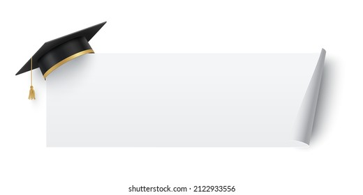 Graduate cap on blank banner with curled edge. Academy degree graduation hat with white board or sticker vector illustration. Academic education and achievement symbol and award icon.