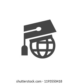 Graduate cap on globe. World knowledge concept icon. Symbol of worldwide learning, online education and modern technology. Label for universities, schools, academies and other sites and apps. Vector