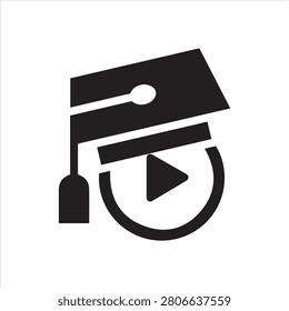 Graduate cap on play button. E-learning flat label. Symbol of distance education, training videos and modern technology. Logo for universities, schools, academies and other sites and apps. Vector.